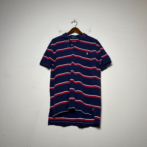 VTG Ralph Lauren Striped Yellow Pony Striped Red Polo Shirt Short Sleeve Men L - Picture 1 of 9